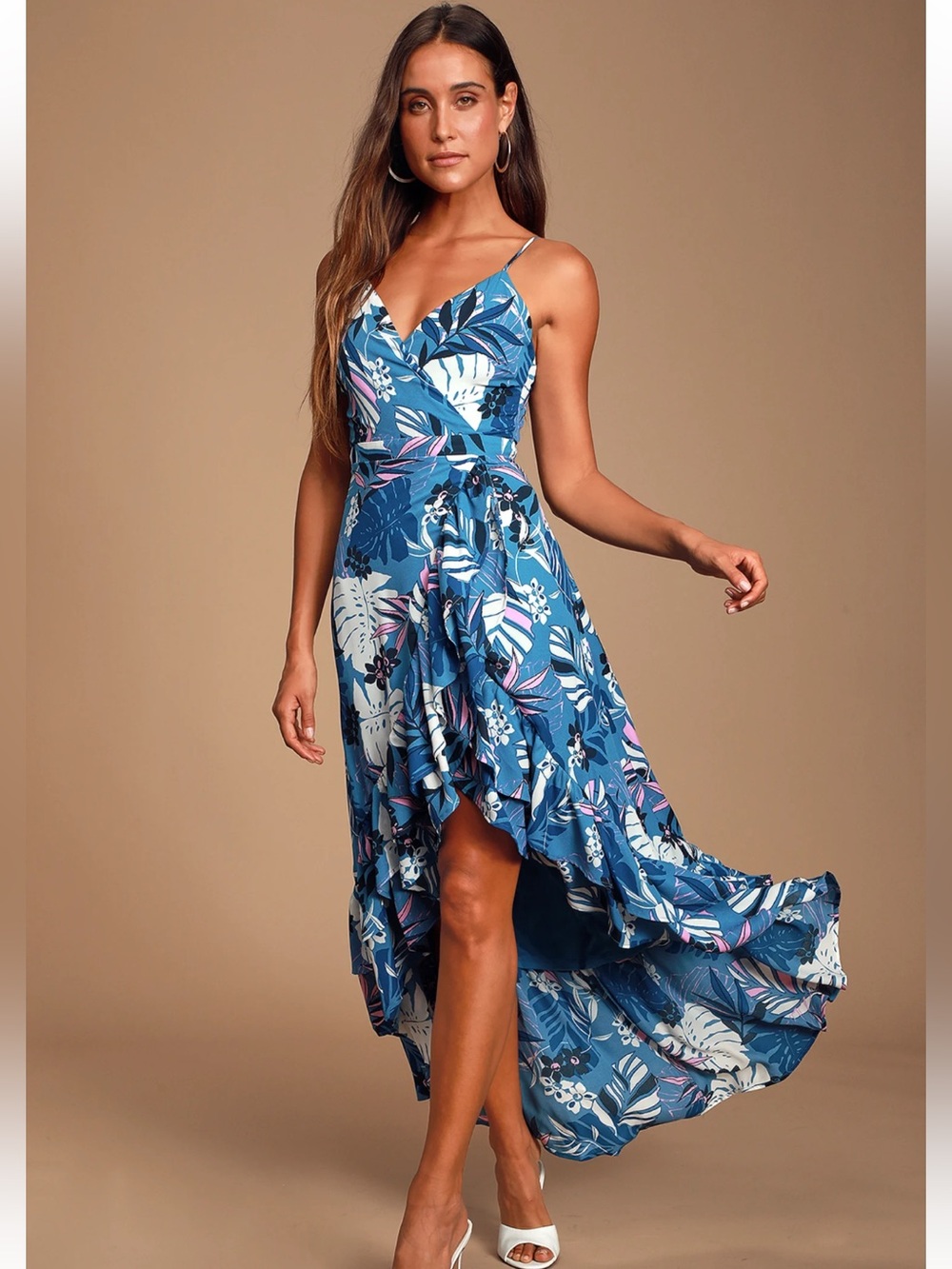 Lulu’s Vacation Days Blue Tropical Print High-Low Dress